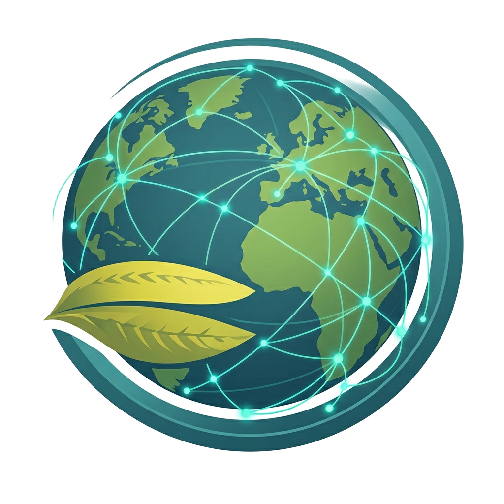 Logo ECOCONNECT: globo conectado por linhas de energia com folhas — plataforma inteligente de soluções ambientais